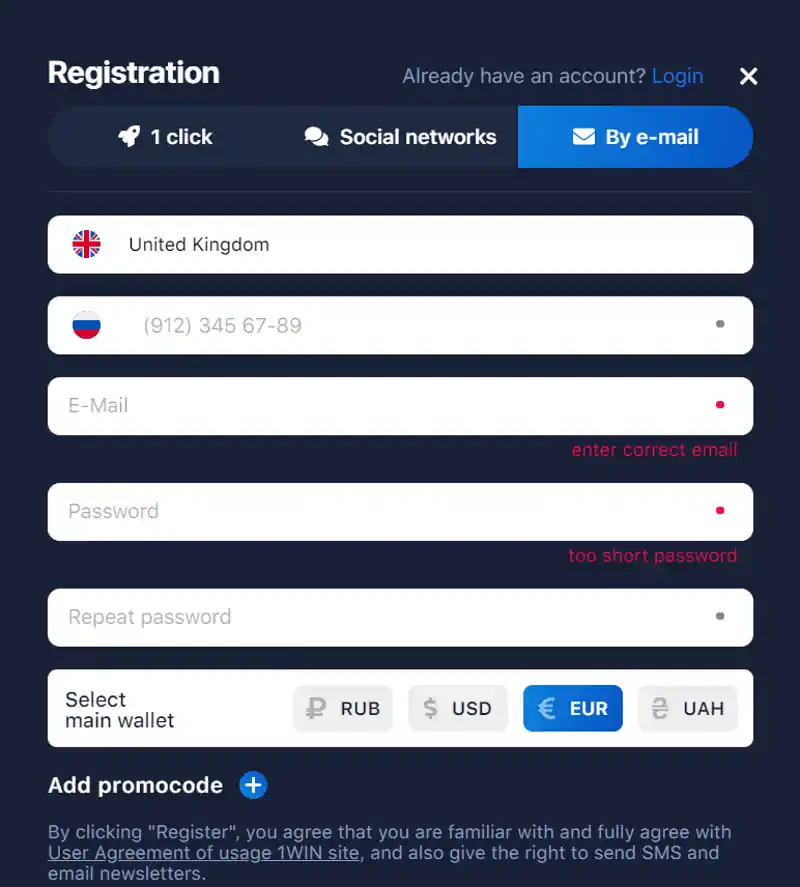1win official site registration
